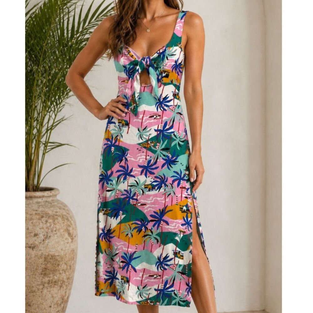 Sam Edelman Tropical Palm Print Midi Dress 🌴 Resort Vacation Size 0